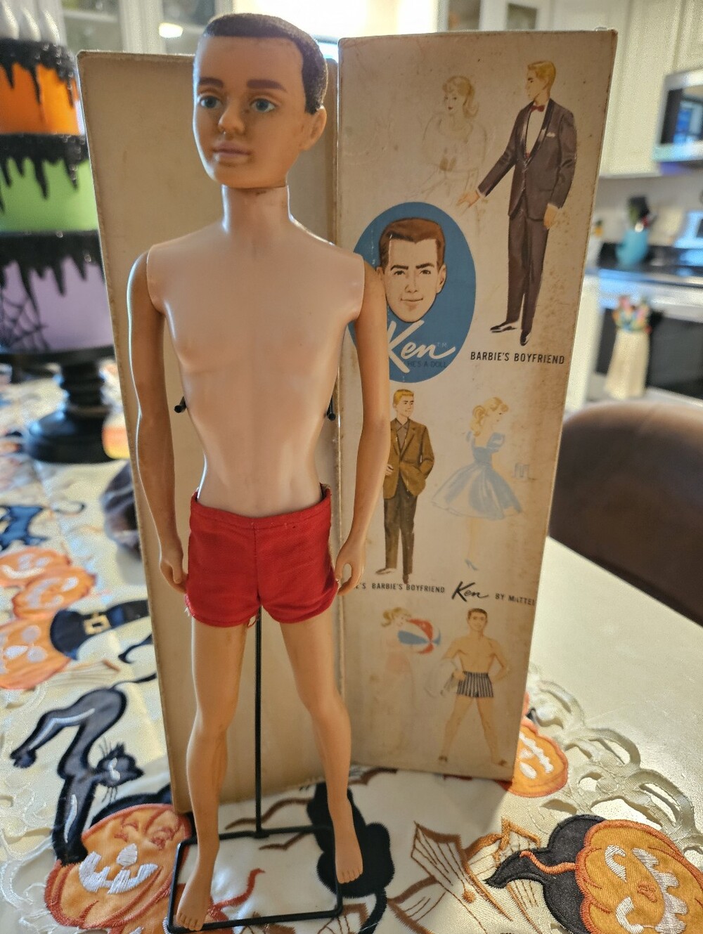 Vintage 1961 Ken Doll #750 Brunette Flocked Hair Matel 1st Edition Box Stand